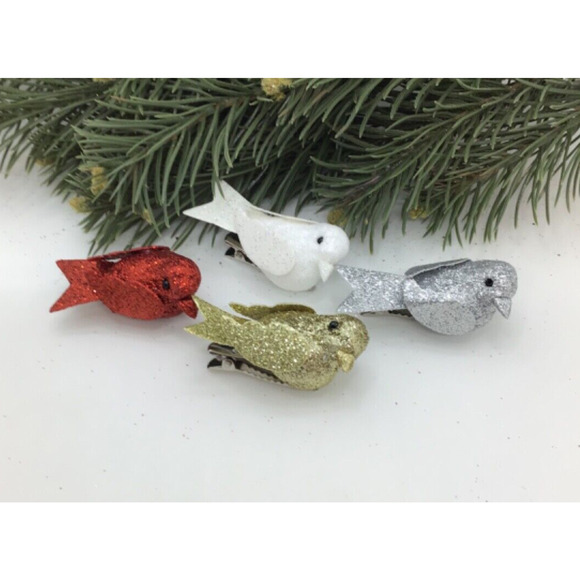 Songbird Ornaments Mini Tree Clip on Set 8 White Christmas White Glitter - Picture 7 of 7